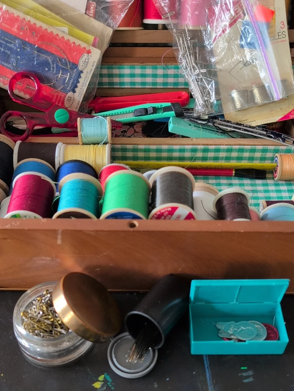 Vintage Wooden Box Sewing Kit Full Of Vintage Supplies.